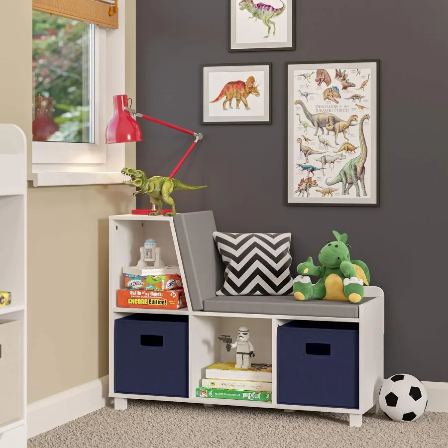 RiverRidge Book Nook Collection Reading Nook and White Cubby Storage Bench With Navy Bins Toy Storage with Comfy Cushioned Seat