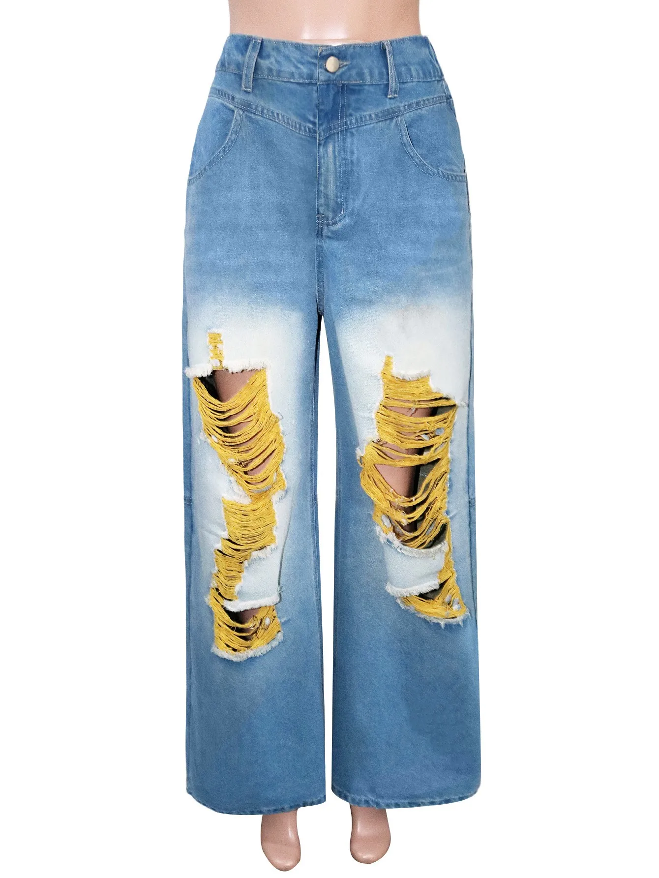 Loose Women's Jeans 2026 Cross-Border Design Sense Hole Color Collision Denim Wide Leg Pants Natural Waist Zipper Cotton