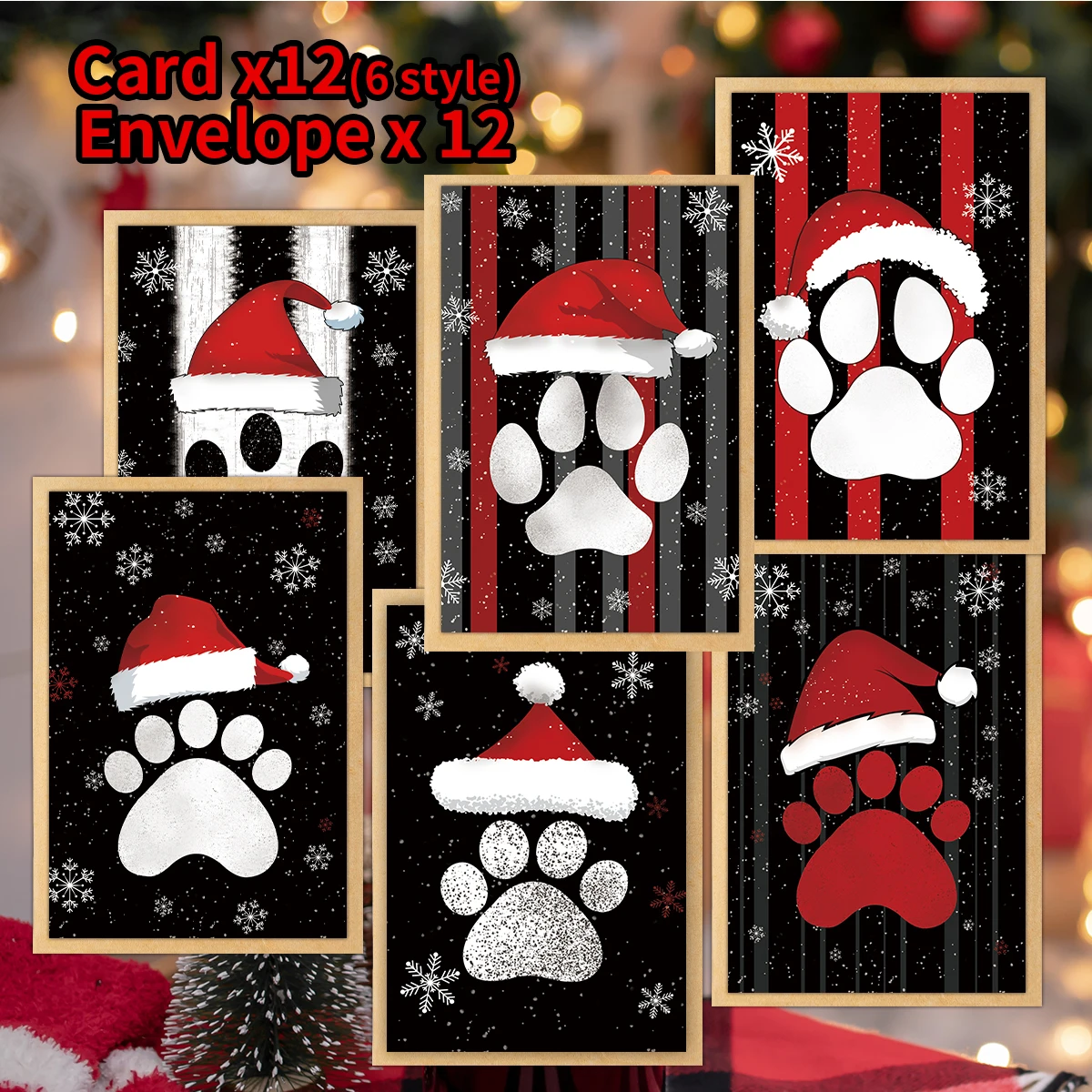 12 Stück Grußkarten mit Umschlägen – Weihnachtsmütze, Katzenpfoten-Design, Weihnachten, Neujahr, Geburtstag, Dankeschönkarte für Familie, Freunde, Lehrer