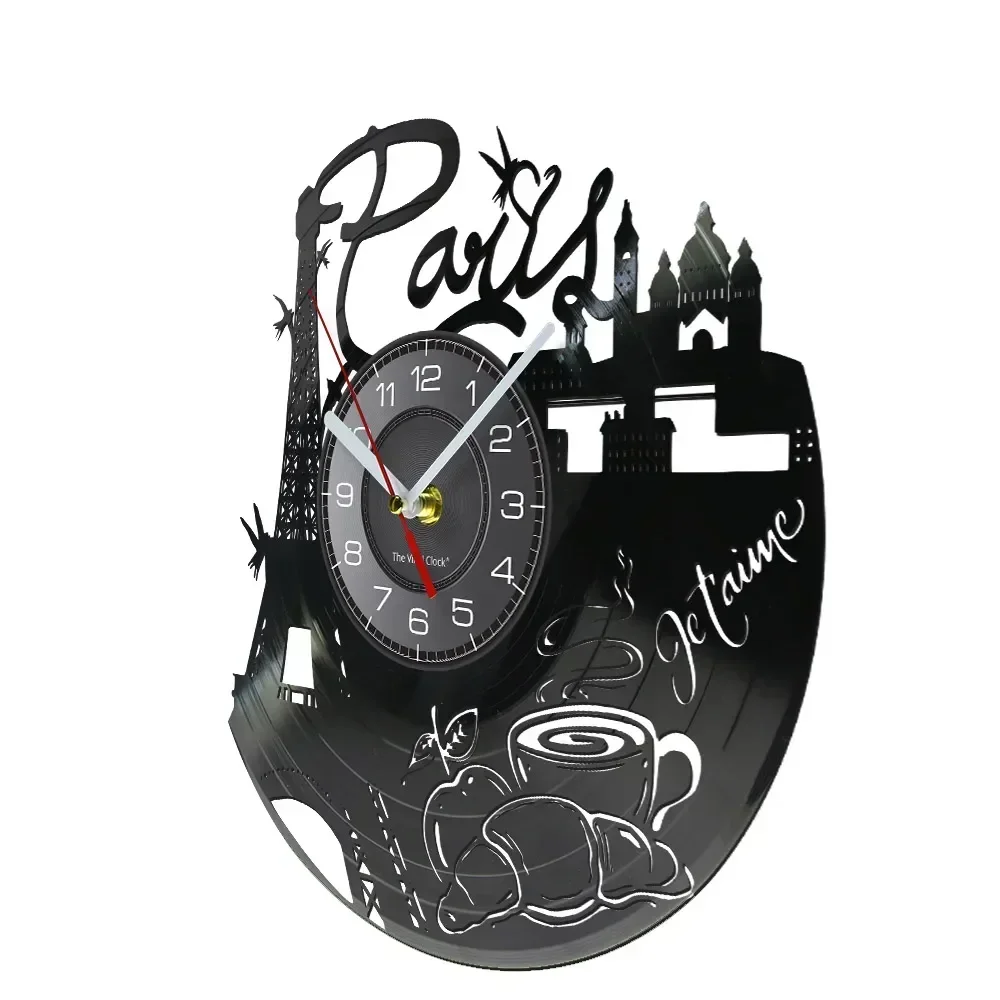 Paris Eiffel Tower Vinyl Longplay Record Wall Clock Famous Buildings in France Romance Home Decor Vintage Watch Architecture Art