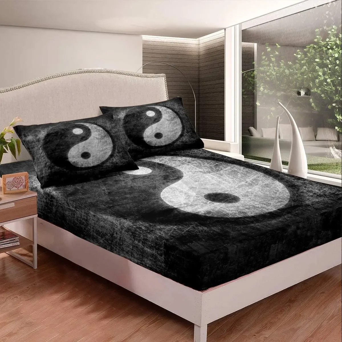 Yin Yang Bedding Set for Girls Boys Children Trippy Psychedelic Fitted Sheet Decorative Gossip Pattern Bed Sheet Set Traditional