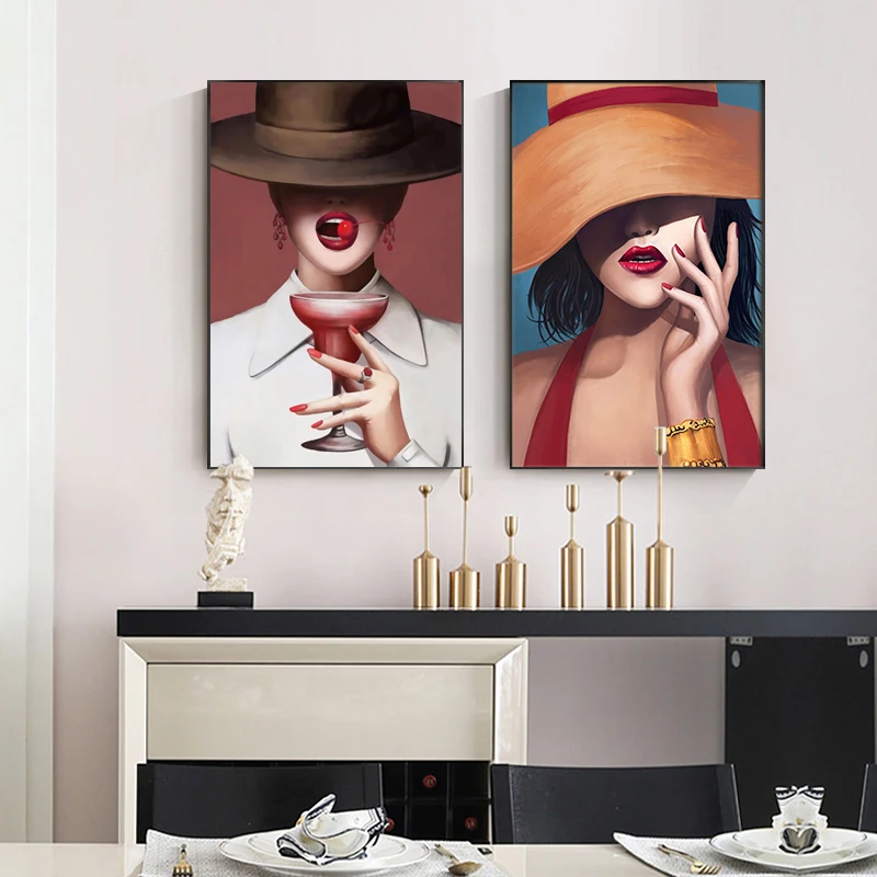 

2pcs/Set Fashionable Modern Cherry Girl Wall Art Canvas Paintings Posters Printed Modern Wall Pictures Living Room Home Decor