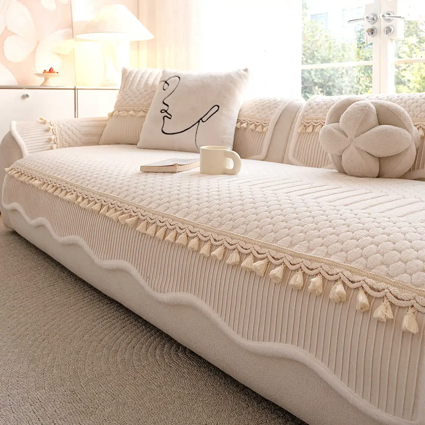Winter Plush Sofa Cover Mats Thickened New Cream Style Straight Row Seat Cushion Fixed Non-slip Sofa Cover Tassel Decoration