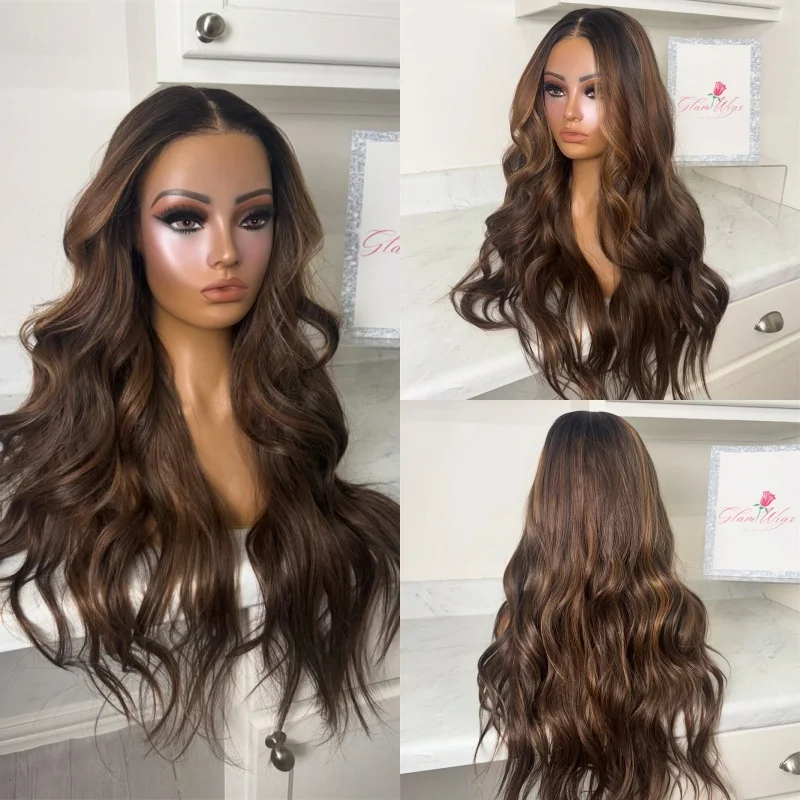 Trendy Daily Party Wig Ombre Chocolate Brown HD Invisible Lace Front Wig with Dark Roots Heat Resistant Fiber Wig Glueless Wigs