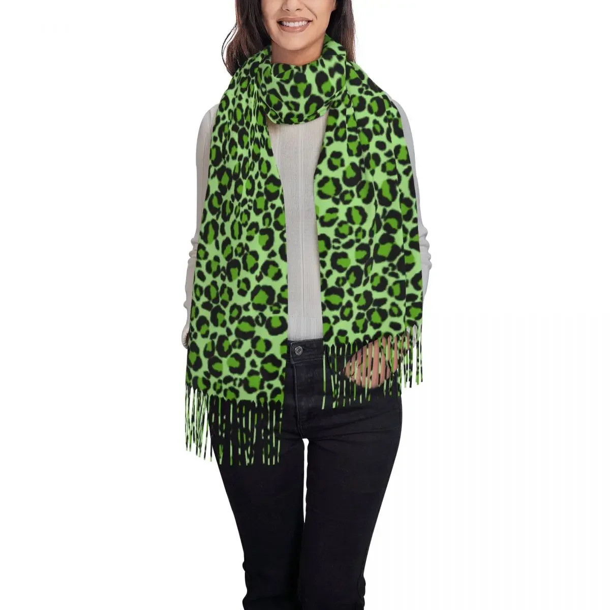 Green Leopard Cheetah Skin Printed Scarf for Women Luxury Winter Fall Shawl Wraps Animal Tassel 