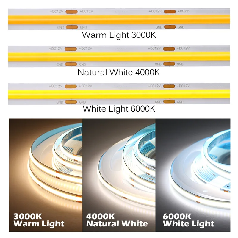 Imagem -05 - Led Tira Luz Cob Alta Densidade Fita Flex Ra90 Branco Fresco 6500k Natureza Branco 4000k 3000k Fita Regulável mm Pcb 5v 12v 24v