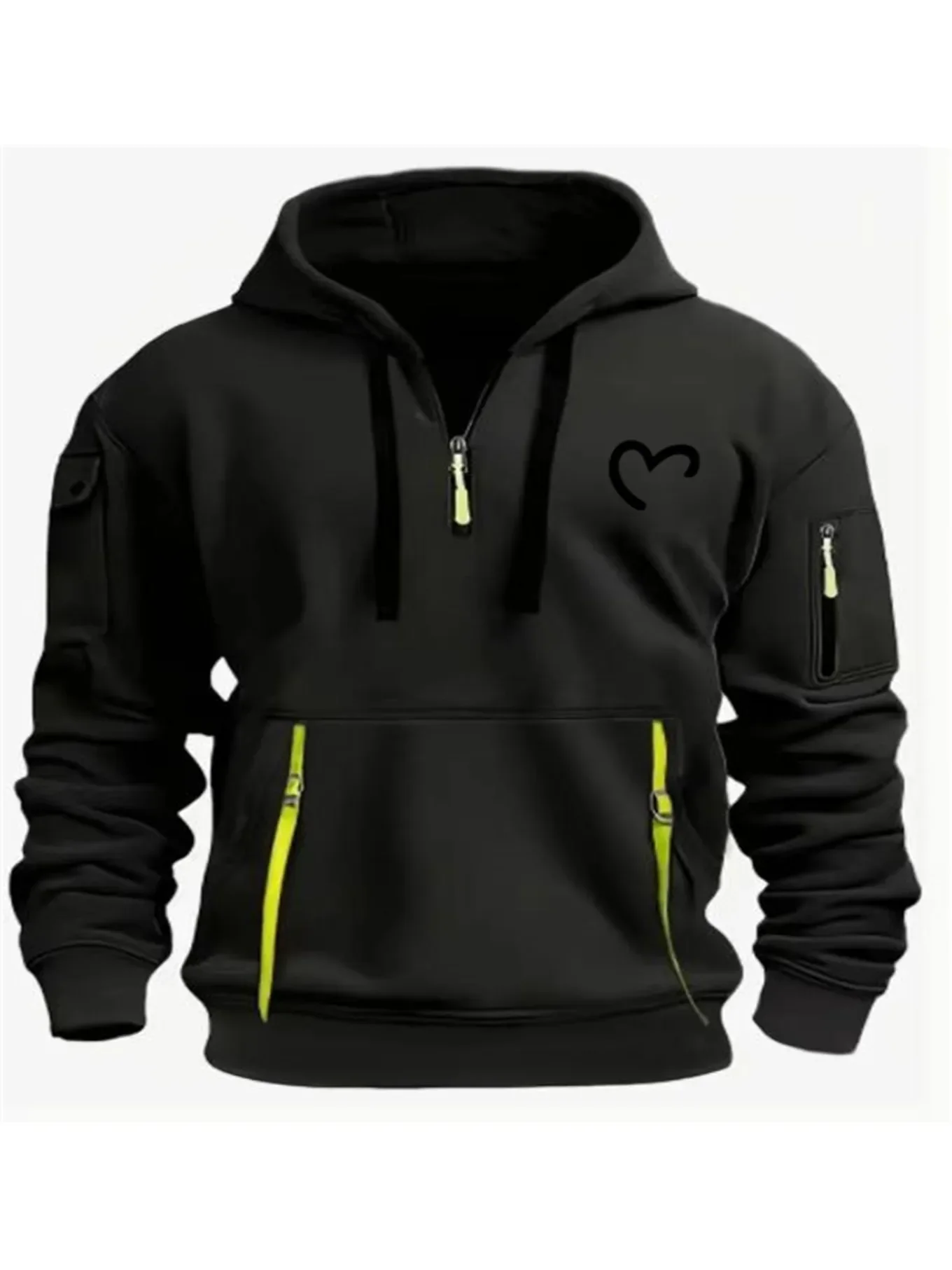 Men's and women's hooded hoodies autumn edition with multiple zippers and pockets, featuring heart-shaped printed lines