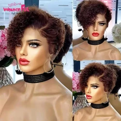 Short Pixie Cut Curly Wig Human Hair Dark Brown Deep Wave Curly Lace Transparent Frontal Wigs for Women C Part 13X1 Lace Wig