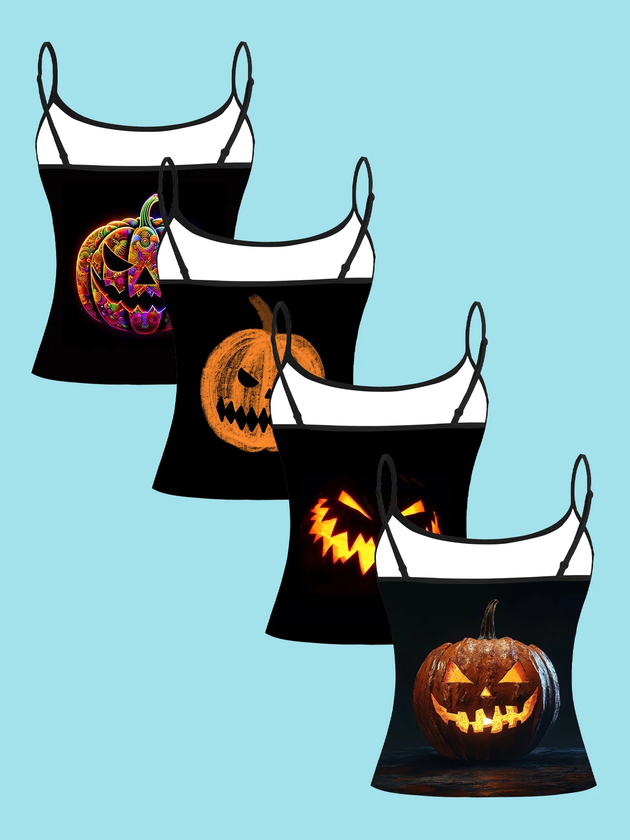 4-Pack Halloween Colorful Pumpkin Women's Camisole Tops - Black Base with Colorful Patterned Pumpkins, Hand-Painted Style Pumpkins, Glowing Ghost Face Pumpkins, Realistic Pumpkin Print Slim Fit Spaghetti Strap Short Camisole Tops