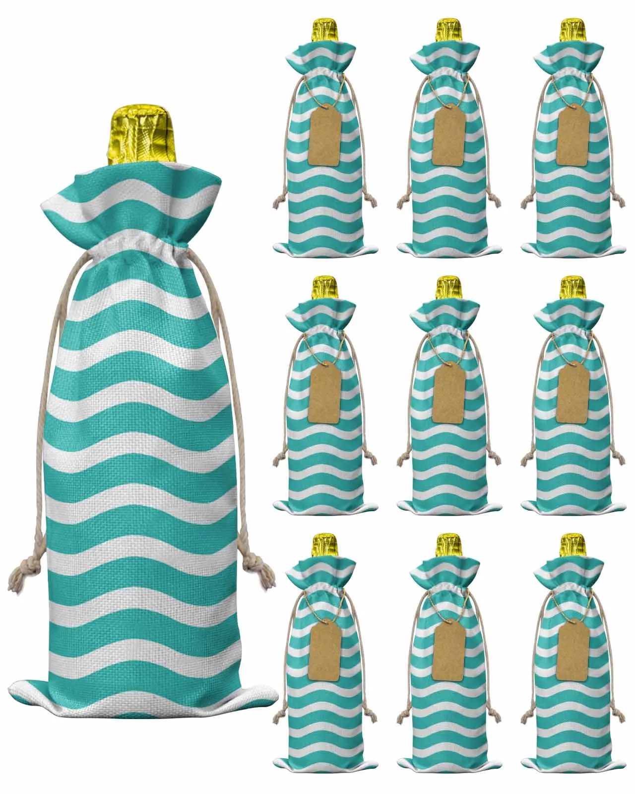 

10pcs Wine Bottle Covers Cyan Water Ripple Striped Wine Holder Carrier Packaging Bag Wedding Party Decor Gift