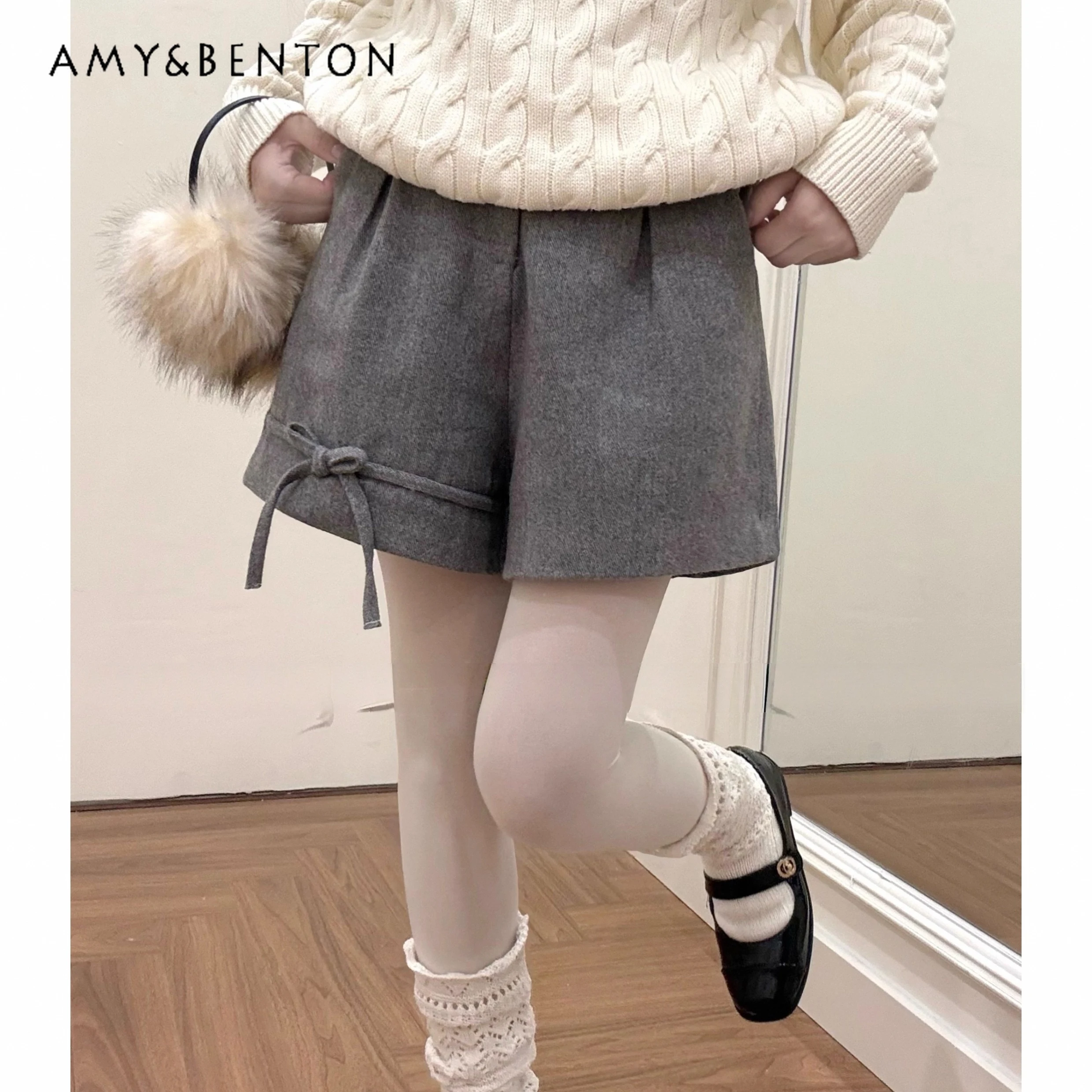 

2025 Summer Japanese Style Women's Bow Tie Gray Loose Casual Versatile High Waist Wide Leg Shorts