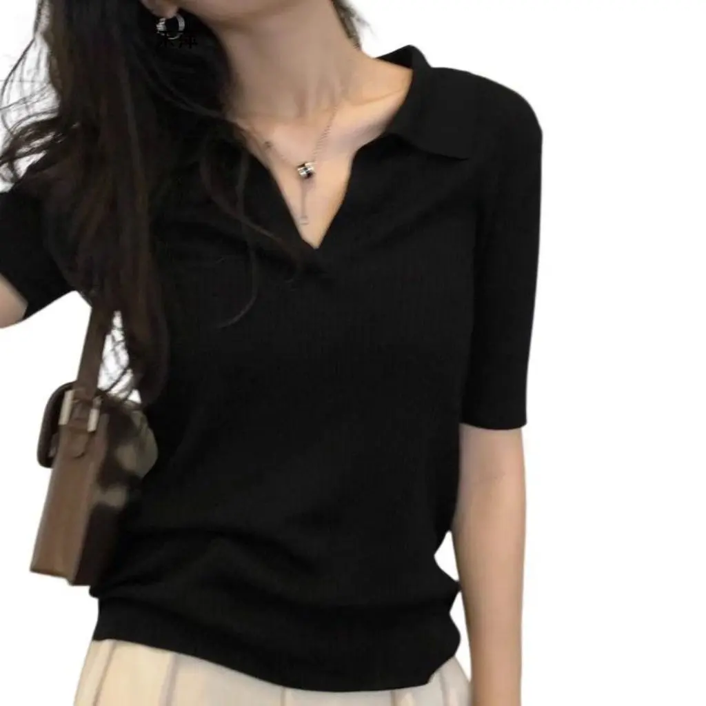 

Women's Slim-Fitting Cotton Polo Collar Top Short-Sleeved Summer Trendy Chic Collarbone Hottie High-End Sweet T-Shirt