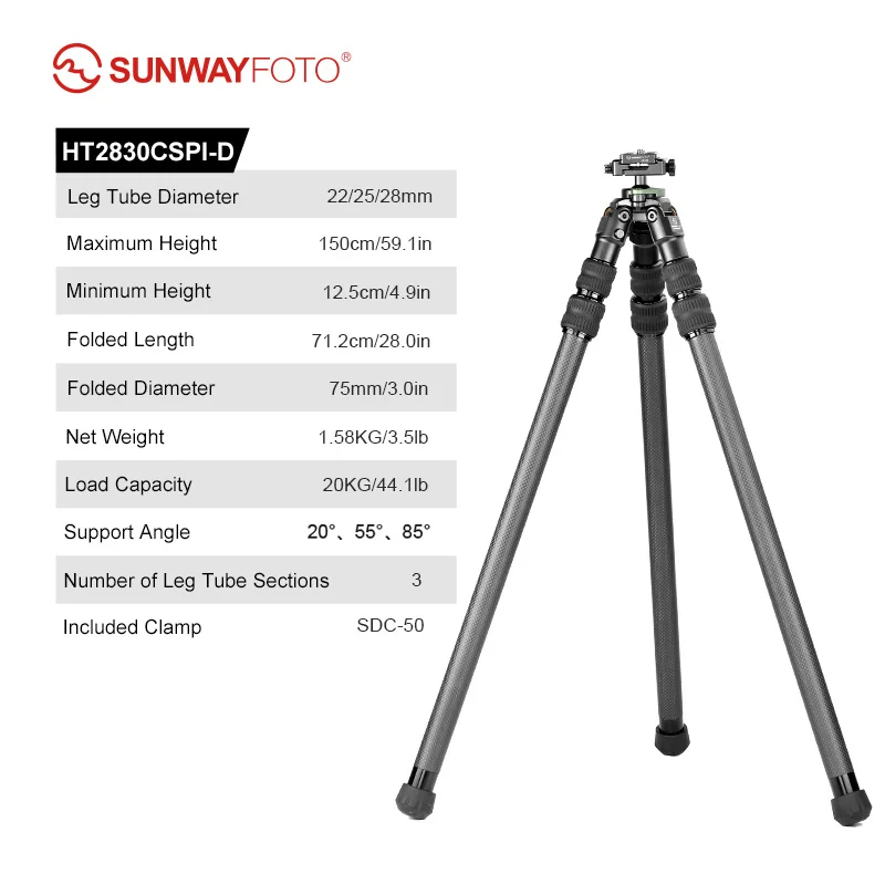 SUNWAYFOTO HT2830CSPI koolstofvezelstatief met omgekeerde poten en balhoofd, Arca-Swiss Picatinny Rail-adapterklem, 150 cm hoog