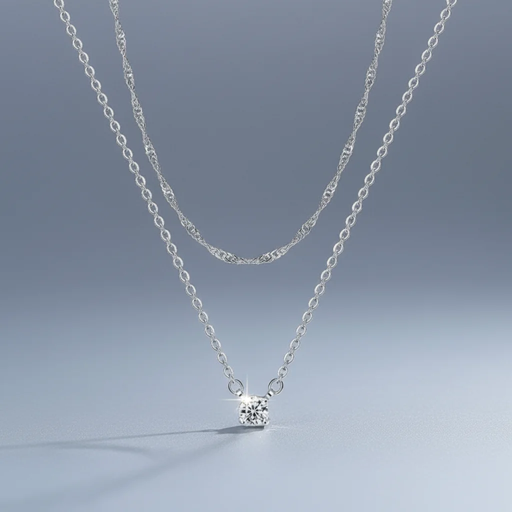 Floating Diamond Necklace Single Stone Design Double Layer Collar Chain Birthday Gift