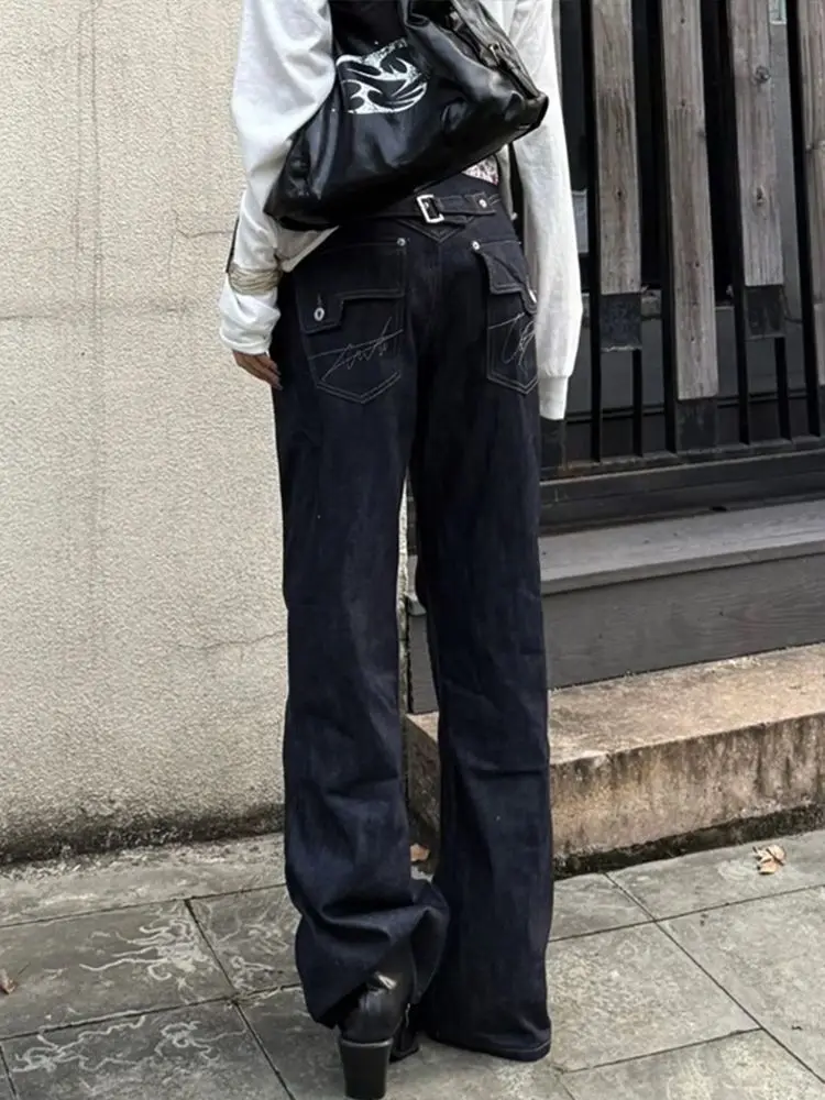 กางเกงยีนส์สตรีสไตล์อเมริกันเรโทรสปริง ดีไซน์ทันสมัย ทรงตรงยาวคลุมเท้า แฟชั่น Y2K ยุค 2000 กางเกงยีนส์ลำลอง