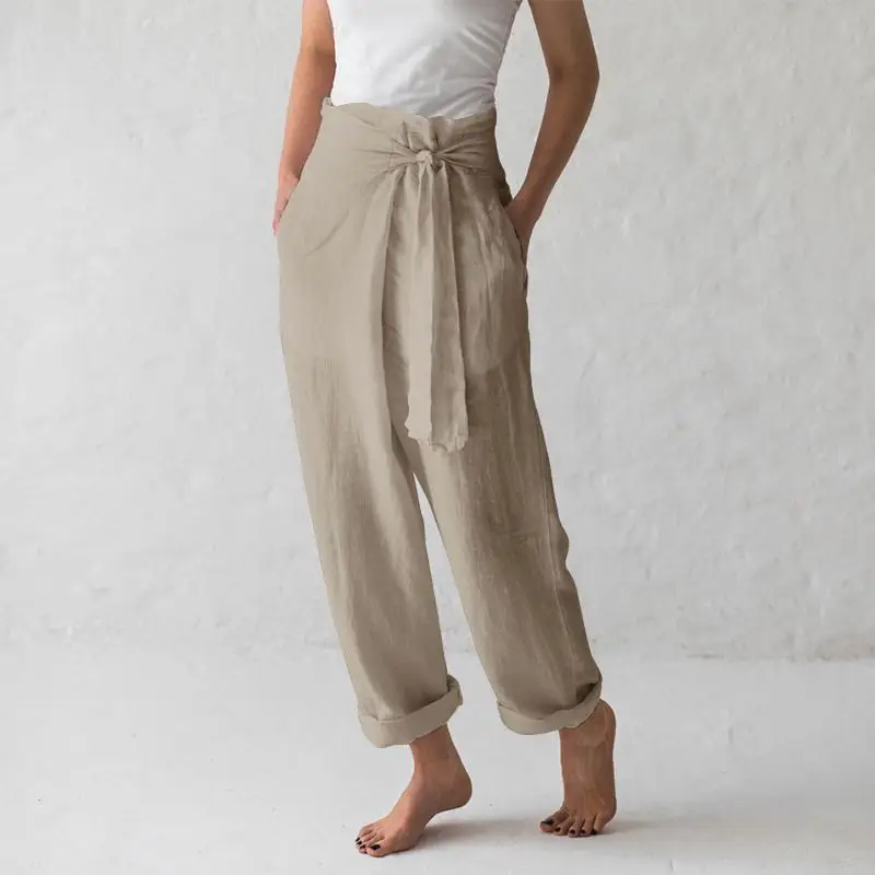 High Waist Cotton Linen Blend Casual Pants for Women Straight Leg High Waist Pure Color Spring Autumn Season Trousers
