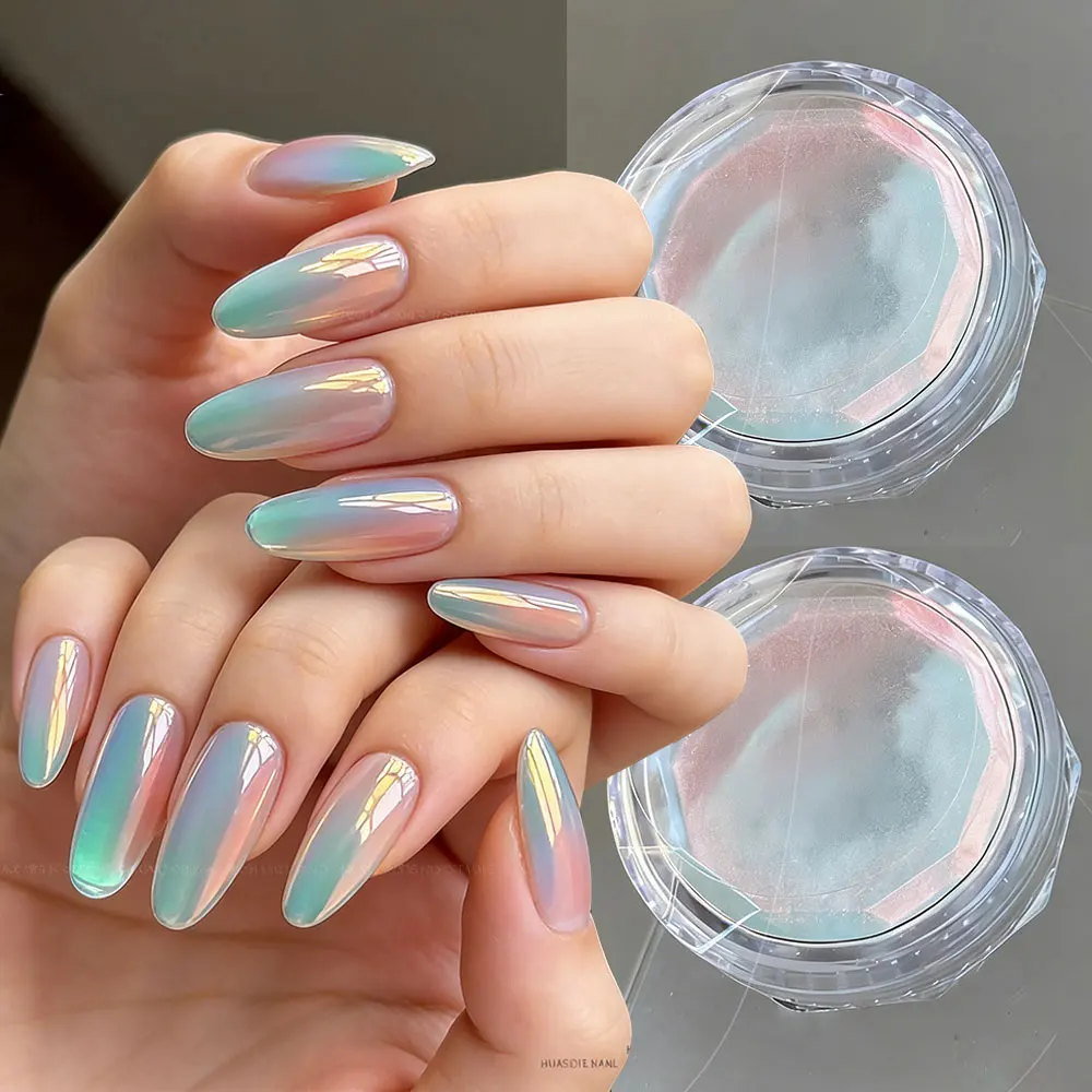 Moonlight  Green Mint Aurora Cat Eye Chrome Nail Powder Glossy Plating Mirror Effect Nail Glitter Dust Cat Eye Manicure Pigments