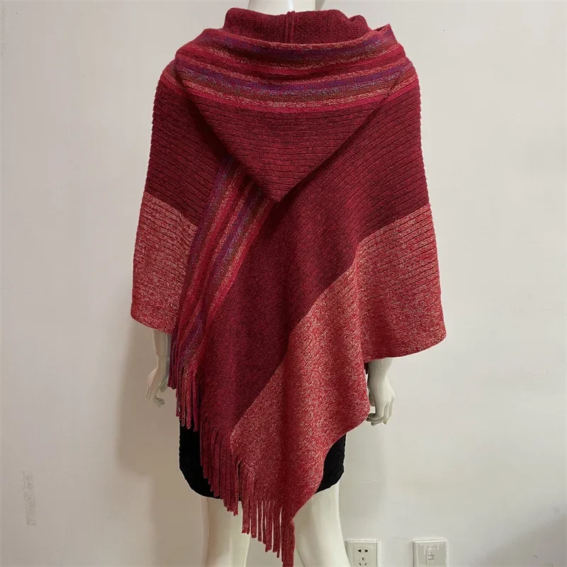 Cloak shawl Hat Colorful Silk new style European  American Spring Autumn Women Tassel Double-purpose Imitation Cashmere Red