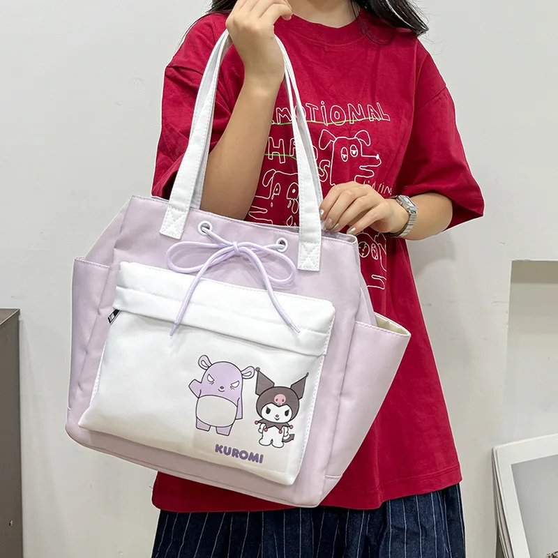 Hello Kitty cartoon contrast color waterproof large-capacity drawstring pocket Kuromi Cinnamoroll Melody one-shoulder tote bag