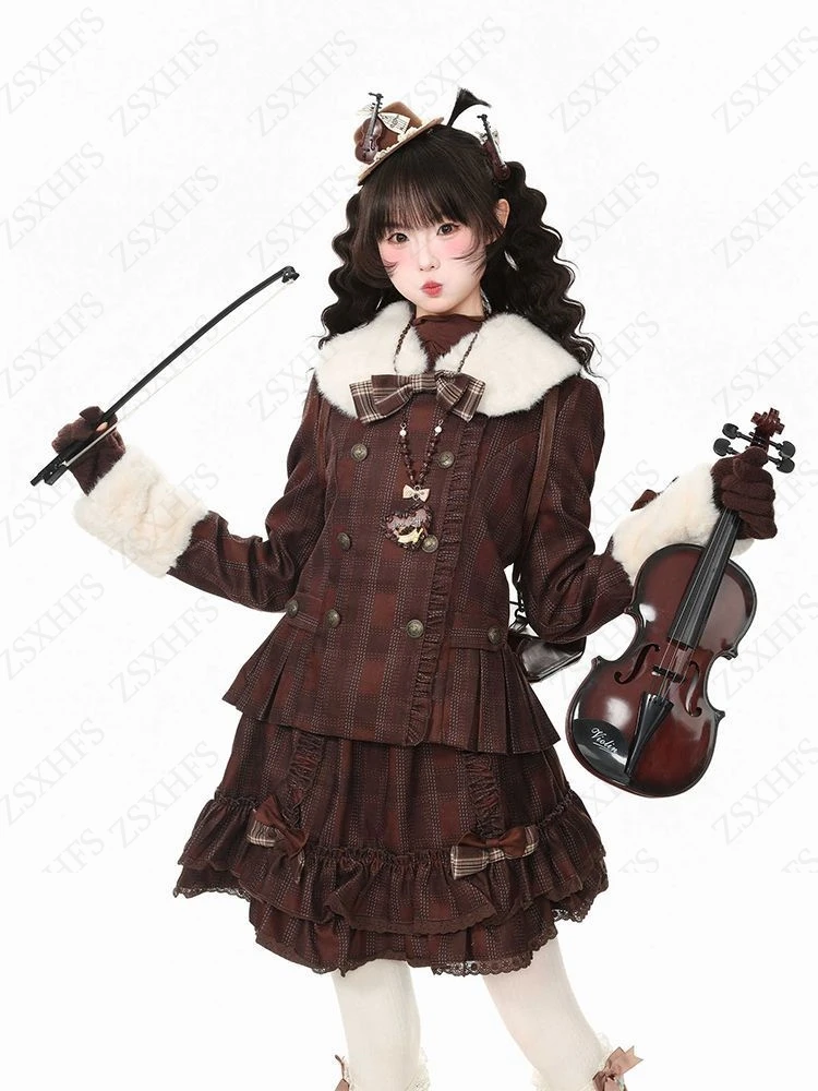 Art Brown Plaid Vintage Fur Collar Waist Cinching Small Suit Short Jacket And Rolled Edge Lace Trim Skirts Set Korea Sweet Set