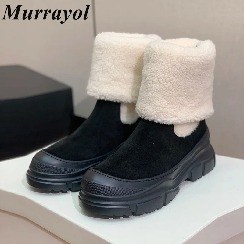 

Thick Bottom Non-slip Snow Boots Women Round Toe Genuine Leather Splicing Fur Mid-Calf Boots Autumn Winter Warm Short Boats