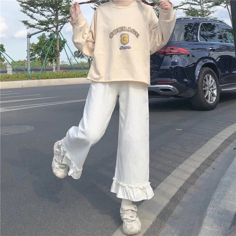 Japanese Kawaii Soft Girl Women Pants Sweet Ruffled Basis Wild High Waist Loose Trousers Elastic Waist Casual Solid Student Pant