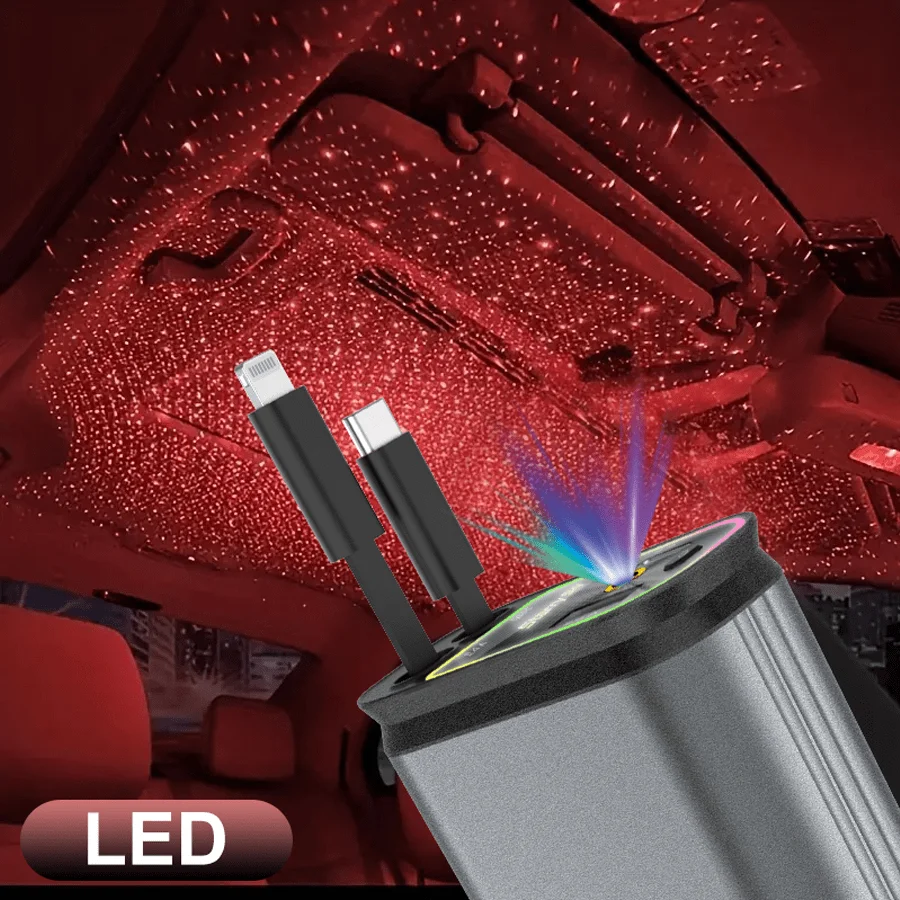 

4-in-1 Retractable Car Charger with Starry Sky LED Projector, 66W Fast Charging, 2 USB Ports, 31.5in Cable