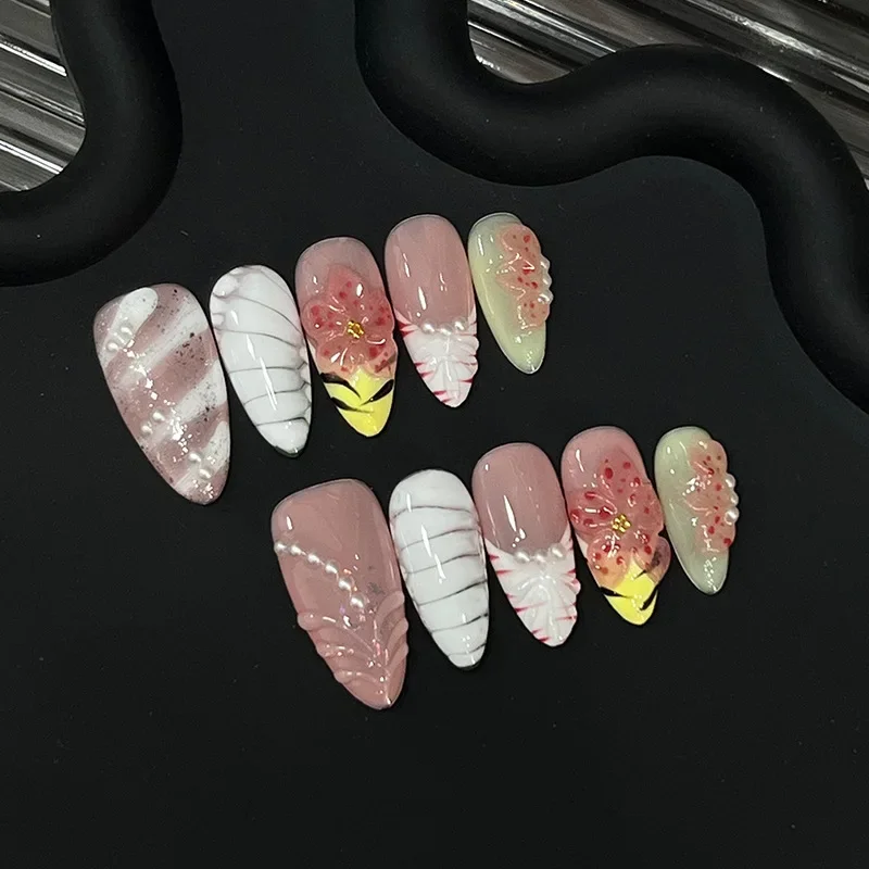 

10PCS Sweet Cool Handmade Almond False Nails with 3D Carved Flowers Glossy French Press on Nails Artificial Wearable Fake Nails