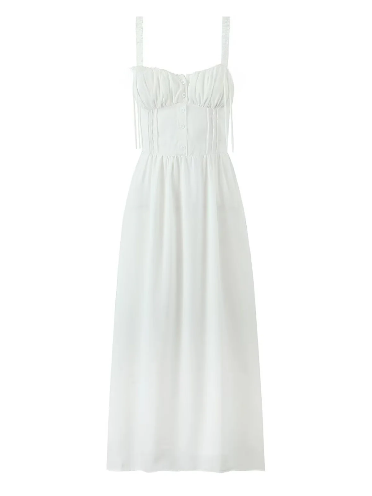 우아한 빈티지 화이트 롱 드레스, 리본 허리 A라인 스커트, 티타임, 해변 휴가, 스퀘어 칼라 여성 드레스