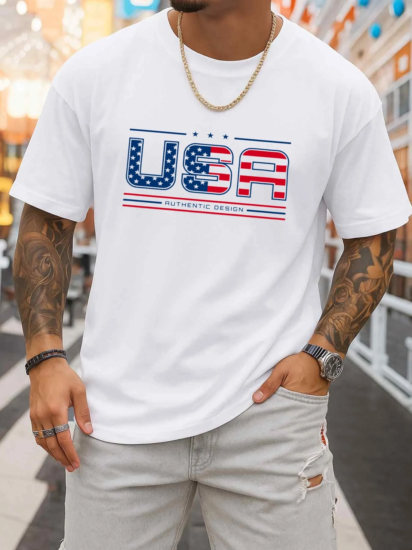 American Flag Print T-Shirt, Men's Comfortable Color-Blocked Short-Sleeve Shirt, White Elegant Pattern Hip-Hop Street Style, Fashionable Summer Outerwear, Trendy Print, Machine Washable Breathable Fabric, Round Neck Short-Sleeve Comfortable Daily Wear