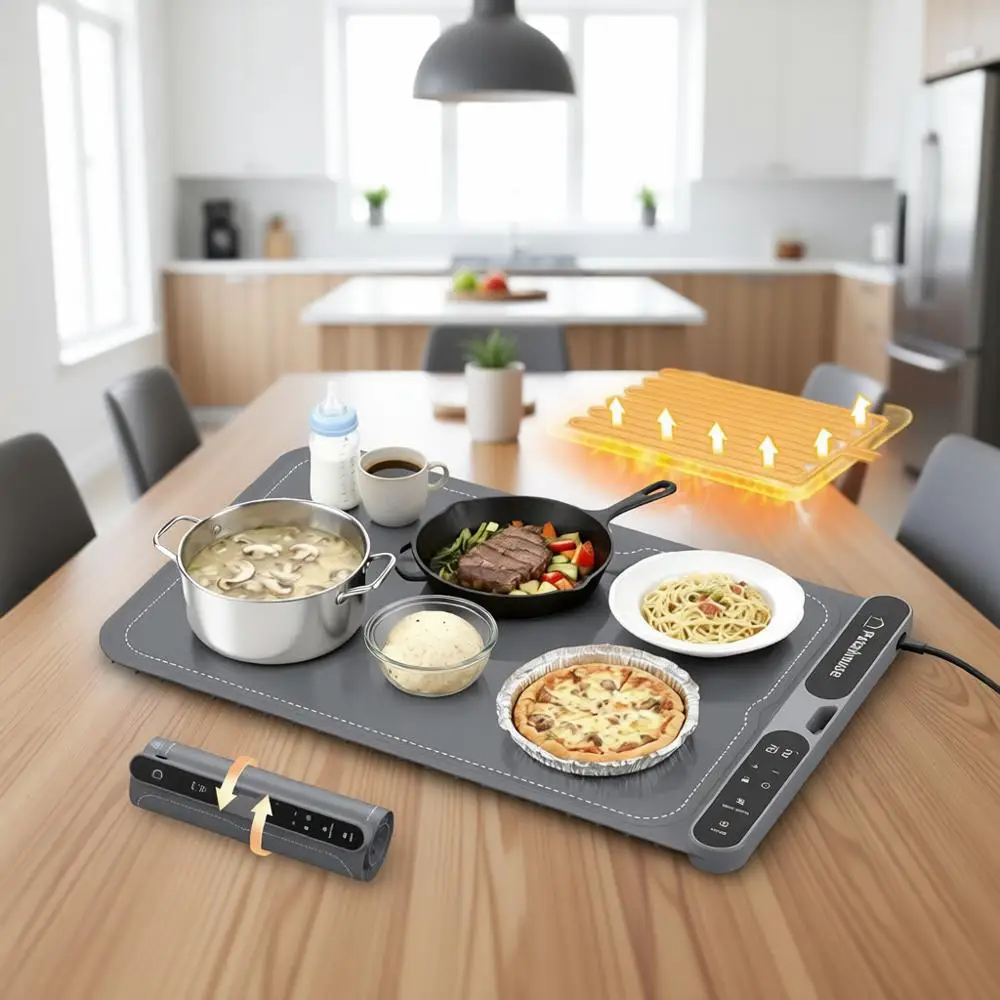 

Food Warming Mat, 5s Fast Heating, Electric Warming Tray with 7 Temp 8 Timer Settings, Rollable & Portable Food Warmer for Parti