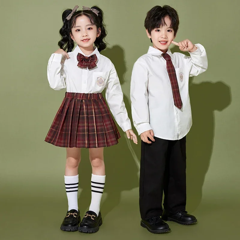 힙합 여아 격자 무늬 교복 셔츠, 타이 스커트, 소년 재즈 스트리트 댄스 바지, 어린이 재즈 의류 세트, 어린이 전시 의류