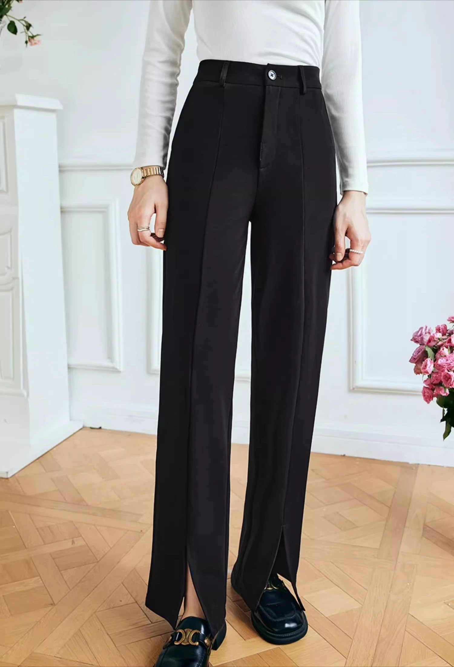 

OLrain Black Suit Pants for Woman Autumn Fall Trousers 2025 Ladies High Waist Straight Split Hem Dress Pants Ladies O23QK80085