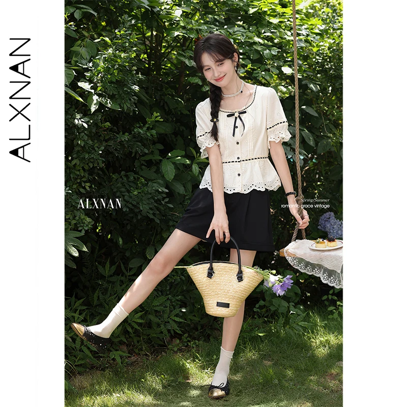 ALXNAN Damen-Hemd, weißer Spitzenkragen, Spitze, hohles Design, Hemden, 2025, Sommer, lässig, lockere Passform, Kurzarm-Tops, Damen, L56238