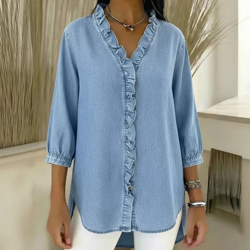 

WomenS Light Blue Denim Blouse Ruffled V Neck 3/4 Sleeve Button Front Loose Fit Casual Top With Side Slits
