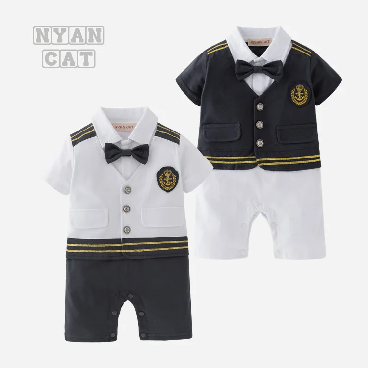 Newborn Baby Boy Clothes Romper Summer Short Sleeve Marine Navy Sailor Outfit Infant Cotton Jumpsuit Baby Girl Bow Tie Boys Tops