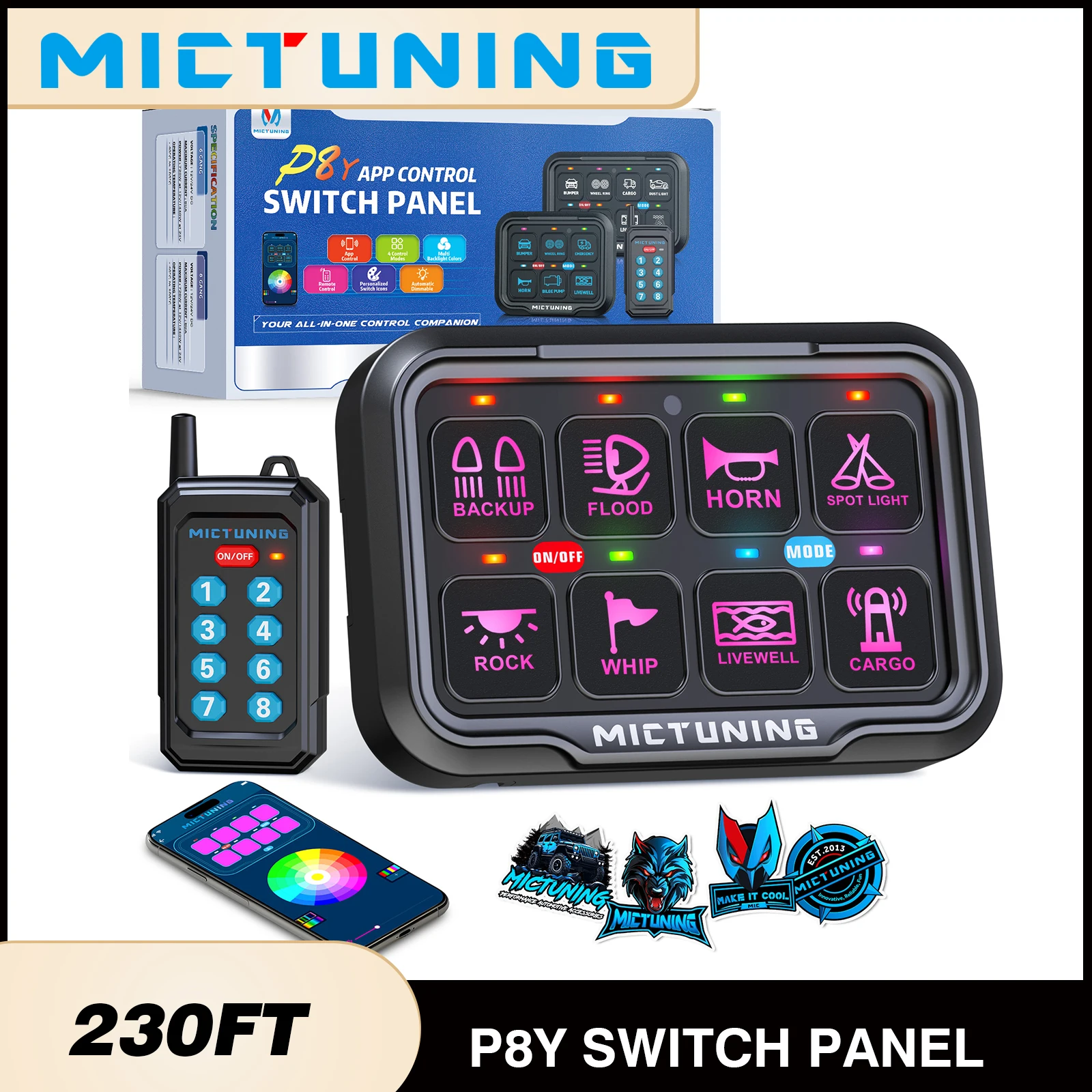 

MICTUNING P8Y Ultra 6/8 Gang Switch Panel,Wireless App & 230FT Remote Control,Auto Dimmable RGB Colors Circuit Box For Truck RV