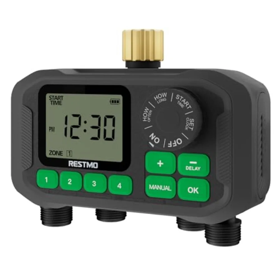 

4 Zone Brass Inlet Sprinkler Hose Timer with Large Dial Water Timer for Garden Hose in Bronze Rain Delay and Manual Mode Up to