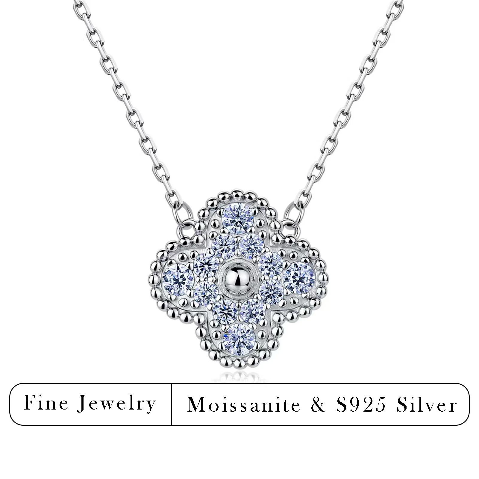 

0.5CTW Moissanite Four-Leaf Flower Necklace 925 Sterling Silver Full Paved Pendant Women Jewelry