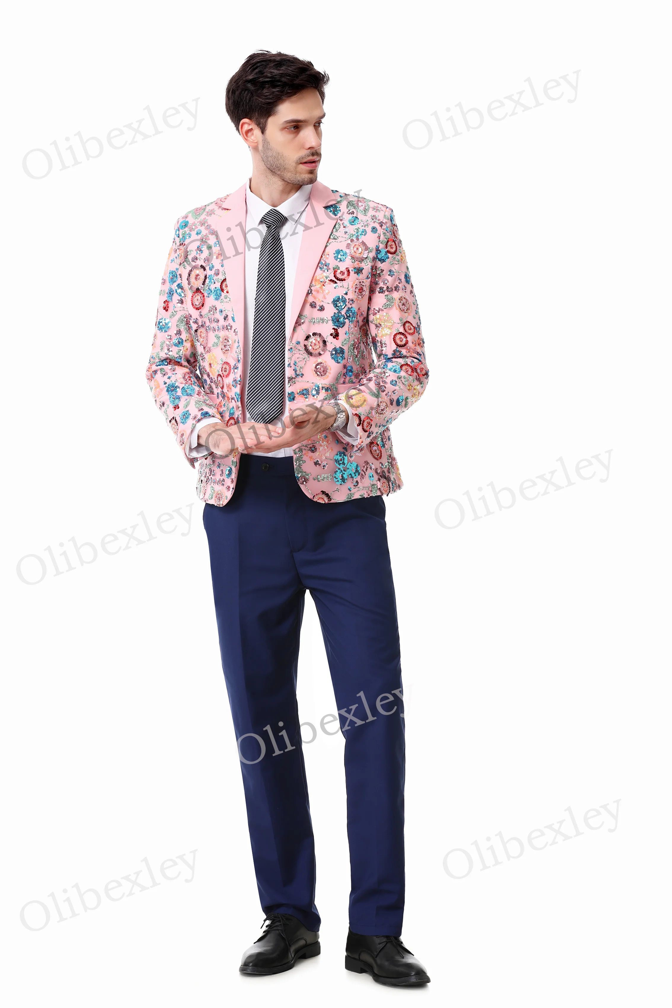 Olibexley Men's 2 piece suit One button Sequined Slim Fit Pink Jacket Suitable Weddings Groom Business Dinner Partys