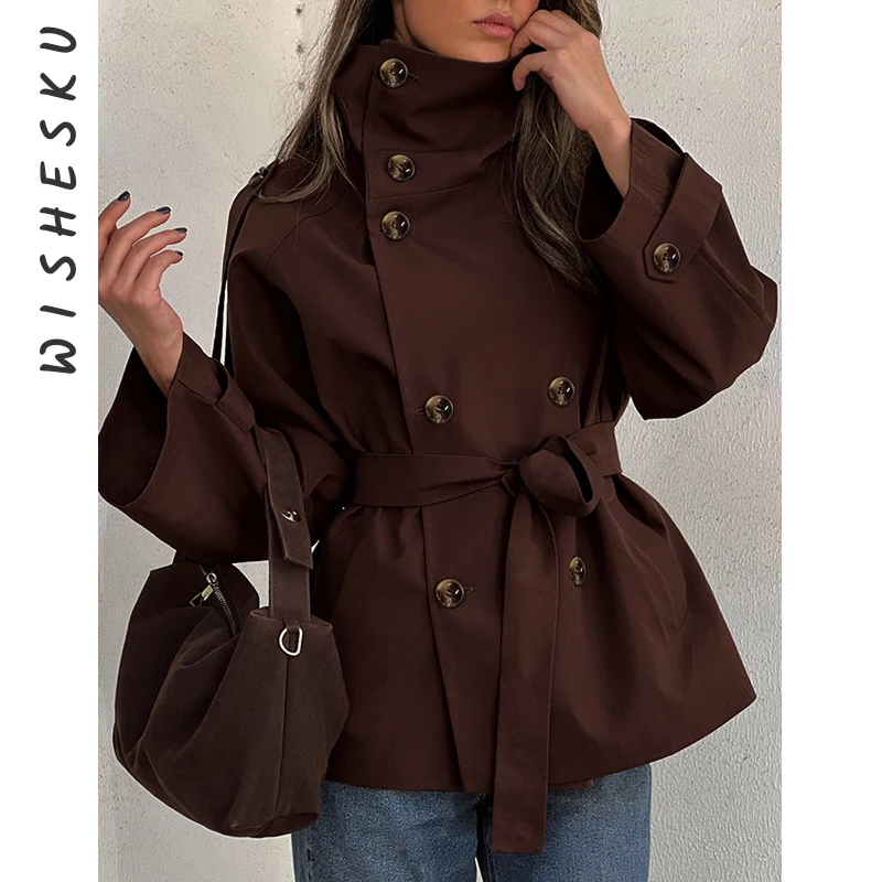 

Trench Coat Vintage Double Breasted Jacket Woman Stand Collar Full Sleeve Pocket 2025 Autumn Casual Loose Outerwears Lady