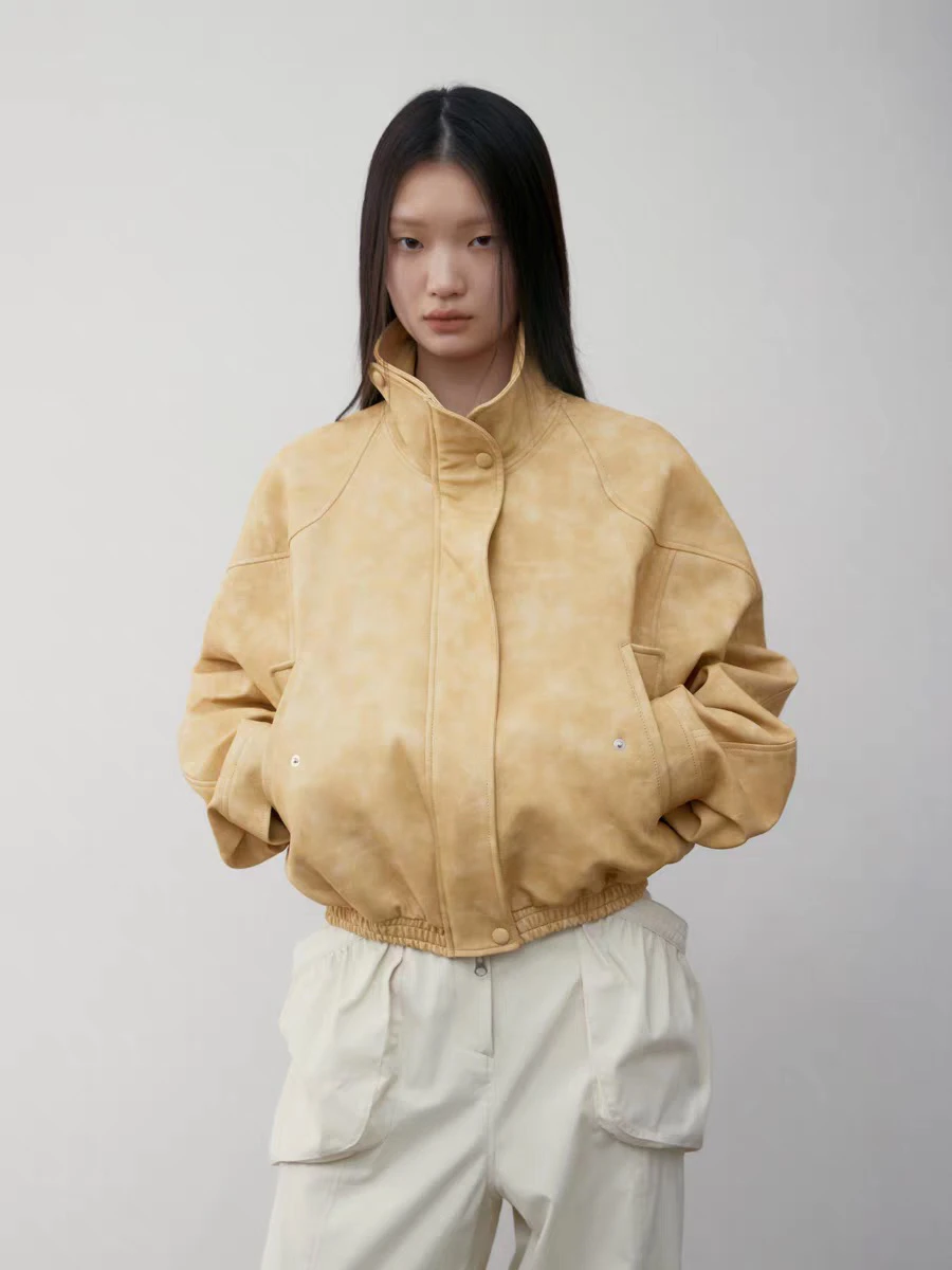 スイートクールレトロバイクスタイルショートコートジャケットスタンドカラールーズフィットPUレザーバイカージャケット若い女性向け