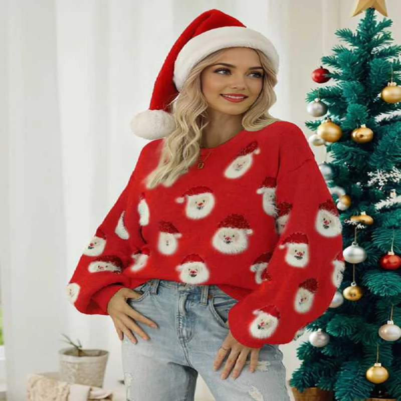 

2025 New Christmas Women's Sweater Santa Claus Embroidered Pullover Long-Sleeved Round-Neck Warm Woman Clothes Casual Knitwear