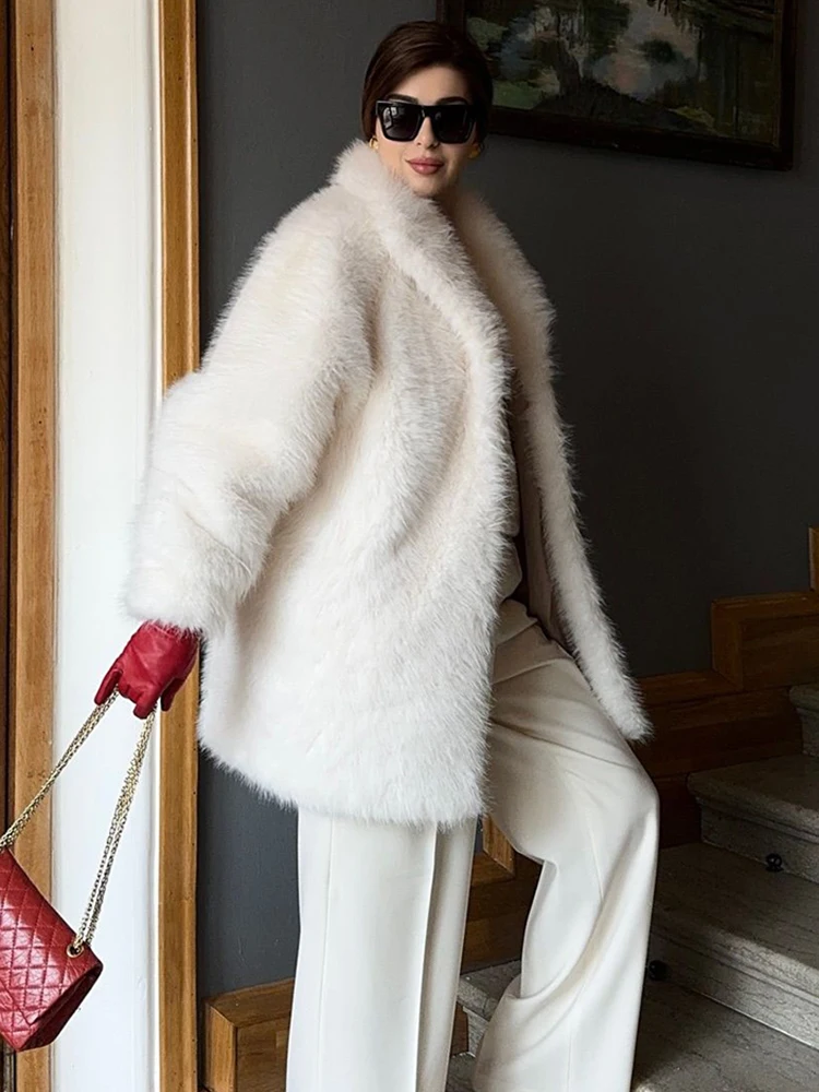 Zadorin luxo inverno branco rosa casaco de pele do falso mulher longo oversized turn down collar jaqueta de pele peluda das mulheres casaco de pele do falso casacos