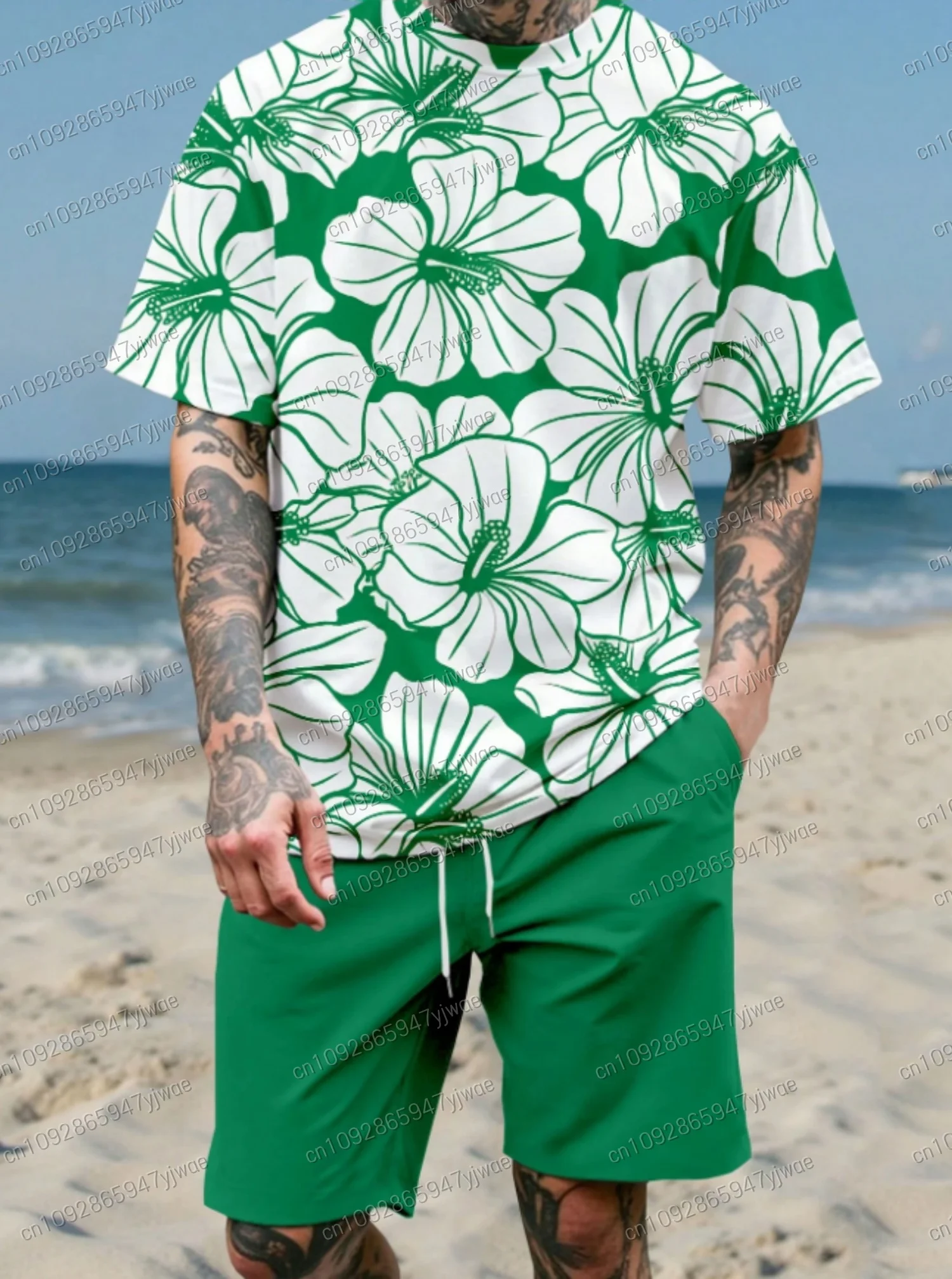 

2025 Men's Flower 3D Print tracksuit 2 piece Set Crew Neck Short Sleeve T-Shirt & Shorts Set men's T-shirt Shorts