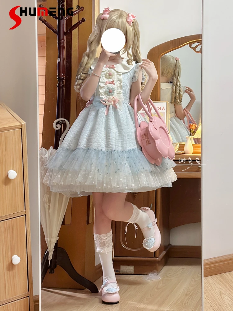 

Japanese Sweet Cute Girl 3D Flower Lace-up Bow Doll Collar Flying Sleeve High Waist A-line Lolita Short Dress Women Summer 2024