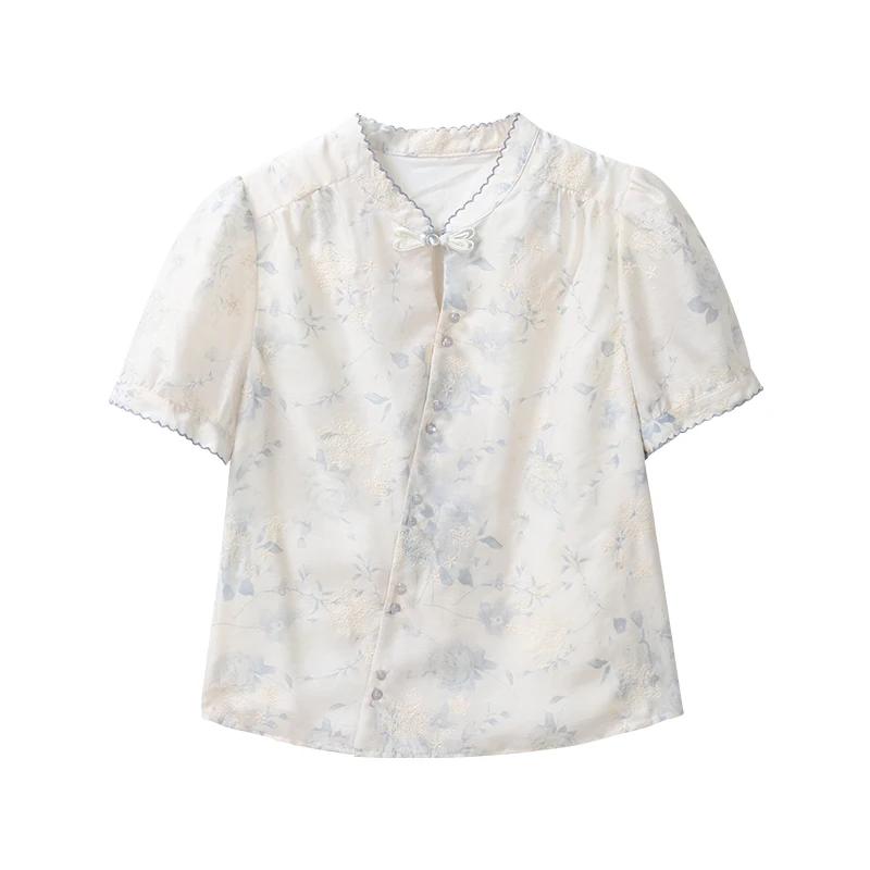 ALXNAN Chinese Style Shirt Women Embroidered Button Design Elegant Puff Sleeve Blouses Loose-fit Short Sleeve Tops Female L55655