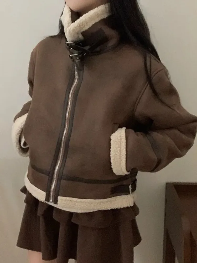 Retro inverno quente pele couro camurça zíper solto feminino motociclista jaet casual outerwear chique thiened poliéster longo sve