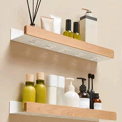 Beech wood bathroom storage rack wall mounted light luxury living room non perforated bathroom storage rack  bathroom shelf