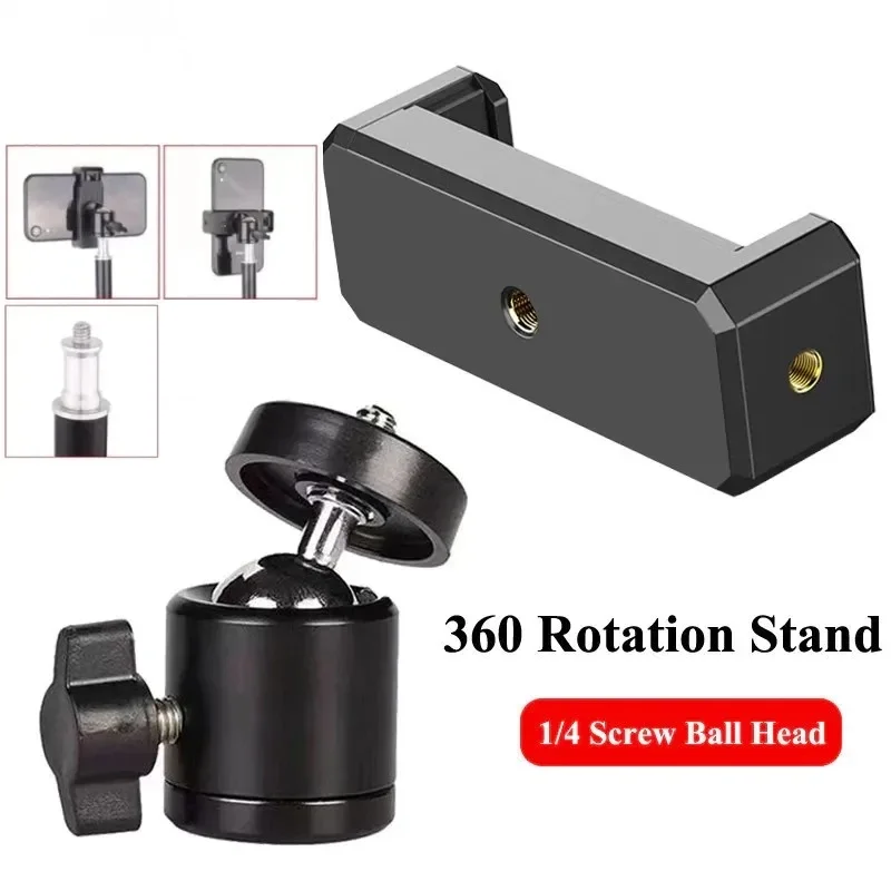 Suporte Universal para Celular com Clipe, Rotação 360°, Rosca 1/4 e Cabeça Esférica para Tripé e Monopé